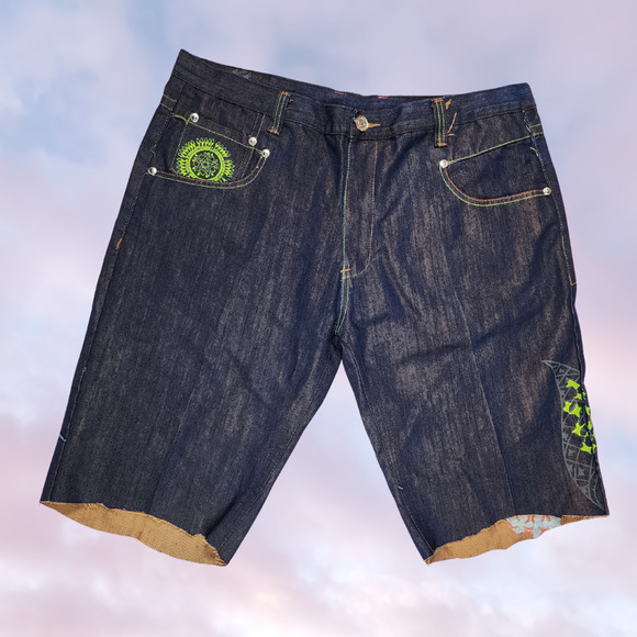 Y2k Imperious Mens Dark Black Wash AOP Baggy Colorful Embroidered Shorts 40 - Picture 2 of 6
